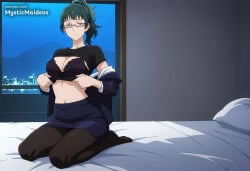 1girl ai_generated anime anime_style bed black_bra black_pantyhose black_shirt bra breasts cleavage clothes_lift full_body glasses green_hair hentai hi_res indoors jacket jujutsu_kaisen large_breasts lifted_by_self long_hair looking_at_viewer maki_zenin mystic_maidens navel on_bed pantyhose patreon pencil_skirt pillow ponytail seiza shirt shirt_lift sitting skirt solo underwear undressing zenin_maki