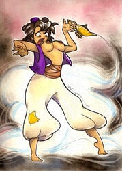 1001_nights aladdin aladdin_(character) arabian arabian_clothes baggy_clothing baggy_pants breasts brown-skinned_female brown_skin dark-skinned_female dark_skin disney genderswap genderswap_(mtf) lamp magic_lamp medium_breasts nipples persian_clothing persian_female rule_63