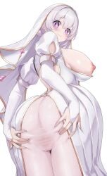 1girl absurdres ass bad_anatomy breasts bridal_gauntlets closed_mouth commentary_request commission cowboy_shot dress from_behind highres horegi korean_commentary large_breasts looking_at_viewer looking_back nipples original pantyhose puffy_sleeves purple_eyes pussy second-party_source see-through_clothes simple_background solo spread_pussy spread_pussy_under_clothes spreading_own_pussy veil white_background white_dress white_pantyhose white_veil
