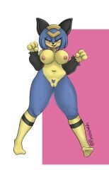 bedroom_eyes belly big_breasts breasts domestic_cat felid feline felis female fist genitals hi_res mammal narrowed_eyes nipples nude pal_(species) palworld pocketpair ponchowah presenting pubes seductive sekhmet_(pal) solo thick_thighs vulva wide_hips