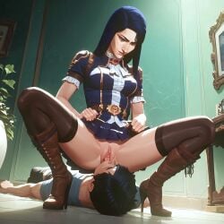 ai_generated arcane blue_eyes blue_hair caitlyn_(league_of_legends) caitlyn_kiramman cunnilingus facesitting female femdom high_heel_boots high_heels league_of_legends legs_apart licking_pussy looking_down looking_pleasured medium_breasts netflix nude sexy_body sitting_on_person skirt skirt_lift slim_female spread_legs squatting thigh_boots thighhighs uniform vagina