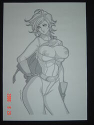 1girls 2009 breasts daikon_(artist) dc dc_comics female female_only kara_zor-l karen_starr monochrome power_girl solo tagme