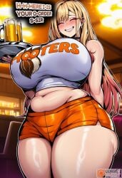 1girl 2026 2d absurd_res absurd_resolution absurdres ai_generated alcohol bare_shoulders beer beer_mug belly big_ass big_breasts big_penis blonde_hair blush breasts choker closed_eyes crop_top cup curvy ear_piercing earrings employee_uniform english_text grin hi_res high_quality high_resolution highres holding holding_tray hooters hooters_uniform huge_breasts image jewelry kitagawa_marin long_hair lumarabbit midriff mug multicolored_hair my_dress_up_darling navel no_legwear orange_shorts patreon patreon_logo patreon_username piercing plump shiny_skin shirt short_shorts shorts smile solo sono_bisque_doll_wa_koi_wo_suru thick_thighs thighs tray uncensured uniform waitress web_address
