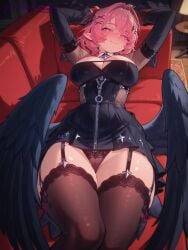 1girls ai_generated black_legwear black_wings blush bow dress garter_straps hair_intakes large_breasts laying_down laying_on_bed long_sleeves looking_at_viewer low_wings patreon patreon_username pink_eyes pink_hair remielle_dan seductive_look short_hair smirk straps thighhighs wings xzollosez zenless_zone_zero