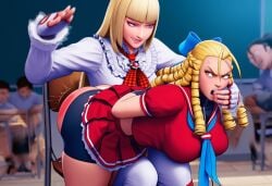 ai_generated bent_over blonde_female blonde_hair classroom crossover crying crying_with_eyes_open degraded degrading desk emilie_de_rochefort exposed_breasts fighting_game height_difference humiliation jabbaman58 karin_kanzuki lesbian pulling_hair punishment ripped_clothing school school_uniform schoolgirl spank spank_marks spanked spanking street_fighter tekken torn_clothes video_game_character women_only