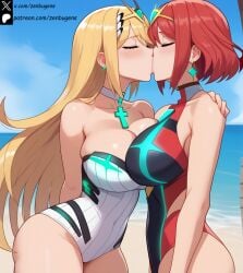 2girls ai_generated beach big_ass big_breasts big_butt blonde_hair huge_breasts kiss kissing long_hair mythra pyra red_hair swimsuit xenoblade_(series) xenoblade_chronicles_2 yuri zenbugens