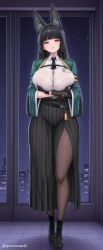 1girl ai_generated animal_ear_fluff animal_ears arm_under_breasts arms_under_breasts belt black_footwear black_gloves black_hair black_necktie black_pantyhose black_skirt blunt_bangs boots bra_visible_through_clothes breasts brown_pantyhose button_gap closed_mouth collared_shirt cross-laced_footwear crossed_arms earrings fingerless_gloves fox_ears fox_girl full_body gloves green_jacket high-waist_skirt hoshimi_miyabi indoors jacket jewelry large_breasts long_hair long_skirt long_sleeves looking_at_viewer necktie night night_sky open_clothes open_jacket pantyhose pleated_skirt red_eyes see-through see-through_shirt shirt shirt_tucked_in short_necktie side_slit skirt sky smile solo standing star_(sky) starry_sky straight_hair tassel tile_floor tiles twitter_username white_shirt wide_sleeves window zenless_zone_zero