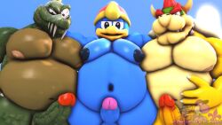 3boys 3d 3d_(artwork) anthro avian balls belly bird blue_body bowser claws crocodile crocodilian crossover crown donkey_kong_(series) erection fat fat_belly fat_male furry furry_male furry_only gay genitals green_skin hair hat homieyoshi horns k_rool king king_dedede king_k._rool kirby_(series) looking_at_viewer male male/male/male male_nipples male_only mario_(series) mature mature_male navel nintendo nipples nude obese obese_male overweight overweight_male penguin penis red_hair reptile royalty scalie smile super_smash_bros. teeth yellow_skin