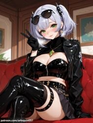1girl ai_generated alternate_costume arlequin097 arm_support belt black_belt black_footwear black_gloves black_jacket black_shirt black_skirt black_thighhighs blush boots breasts breath chain cleavage closed_mouth clothing_cutout couch crop_top cropped_jacket crossed_legs earrings eyewear_on_head feet_out_of_frame genshin_impact gloves green_eyes grey_hair hair_ornament hand_up indoors jacket jewelry large_breasts latex leather leather_jacket lips long_sleeves looking_at_viewer medium_hair midriff mihoyo miniskirt navel necklace noelle_(genshin_impact) on_couch open_clothes open_jacket pendant pleated_skirt shiny_clothes shirt short_hair short_twintails shrug_(clothing) sitting skindentation skirt smile solo spikes stomach strapless sunglasses sweater thigh_boots thigh_strap thighhighs thighs tube_top turtleneck twintails v virtual_youtuber zettai_ryouiki zipper zipper_pull_tab