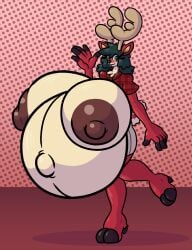 anthro antlers areola big_areola big_breasts bottomwear breasts brown_nipples bulging_breasts clothing countershading deer eyelashes female fur green_eyes green_hair hair hi_res hooves horn huge_areola huge_breasts hyper hyper_breasts hyper_pregnancy long_eyelashes mammal markings navel new_world_deer nipples on_one_leg outie_navel pattern_background pattern_clothing plaid plaid_clothing pregnant puffy_nipples red_body red_fur reindeer shorts simple_background solo spots spotted_body sprucy standing tan_body tan_countershading