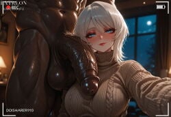 1boy 1girl abs ai_generated battery_indicator blue_eyes blush breasts brown_sweater closed_mouth clothed_female_nude_male clothing dark-skinned_male dark_skin erection faust_(limbus_company) faust_(project_moon) female hetero huge_penis huge_testicles indoors interracial lamp large_breasts large_penis large_testicles limbus_company long_sleeves looking_at_penis looking_at_viewer male male_pubic_hair medium_hair moon muscular muscular_male night nude penis precum precum_drip pubic_hair recording ribbed_sweater short_hair smile sweater testicles turtleneck turtleneck_sweater vantawaifu veins veiny_penis very_dark_skin white_hair window