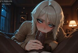 1boy 1girl :>= ai_generated bedroom blue_eyes blurry_background blush breasts brown_sweater clothing dark-skinned_male dark_skin erection faust_(limbus_company) faust_(project_moon) fellatio female grey_hair hetero indoors interracial lamp large_breasts large_penis limbus_company long_sleeves looking_at_viewer male night oral penis penis_grab pov_crotch ribbed_sweater saliva short_hair solo_focus spread_legs sweater turtleneck turtleneck_sweater vantawaifu veins veiny_penis white_hair