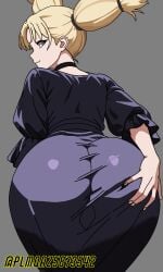 1girl 2d anime black_top blonde_hair blue_eyes choker curvy from_behind hand_on_hip huge_ass jujutsu_kaisen large_breasts looking_back momo_nishimiya plmqaz587354 purple_pants solo thick_thighs tight_clothes twin_tails watermark wide_hips