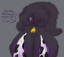 big_breasts blood_drip breasts breasts_bigger_than_head chaoticdream collar cow_bikini cow_print cowbell doodle english_text massive_breasts rachel_waterman_(the_walten_files) sharp_teeth sheep sheep_girl sheep_witch_(twf) simple_background tagme text the_mysterious_house the_walten_files