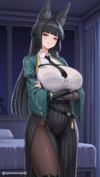 1girl ai_generated animal_ear_fluff animal_ears arms_under_breasts black_bra black_hair black_necktie black_pantyhose black_skirt blunt_bangs bra bra_visible_through_clothes breasts brown_pantyhose closed_mouth collared_shirt crossed_arms curtains fox_ears gloves green_jacket high-waist_skirt hoshimi_miyabi indoors jacket large_breasts long_hair long_skirt long_sleeves looking_at_viewer necktie night night_sky open_clothes pantyhose pelvic_curtain red_eyes see-through see-through_shirt shirt shirt_tucked_in side_slit single_gauntlet skirt smile solo standing star_(sky) twitter_username white_shirt window wing_collar zenless_zone_zero