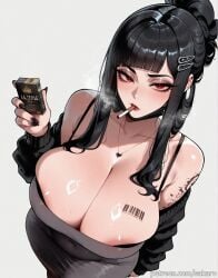 1girls ai_generated areola_slip bangs barcode barcode_tattoo bare_shoulders black_hair black_nails blunt_bangs blush breasts cigarette cleavage collarbone d_(killer_wife)_(secret_police)_(nikke) d_(nikke) dress eyelashes from_above hair_bun hair_ornament hairclip heart holding holding_cigarette huge_breasts jewelry long_hair looking_at_viewer makeup mask mole mouth_mask nail_polish necklace off-shoulder_sweater off_shoulder pantyhose red_eyes sakaro sidelocks simple_background smoke smoking solo standing sweat sweater tattoo white_background