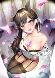 6+girls :d animal_ears atago_(azur_lane) azur_lane between_breasts black_bra black_legwear black_panties blush bra breasts brown_footwear brown_hair cleavage collarbone erect_nipples eyebrows_visible_through_hair female from_above full_body garter_straps gloves hair_ribbon heart highres large_breasts light-skinned_female light_skin long_hair long_sleeves looking_at_viewer looking_up mole mole_under_eye multiple_girls oerba_yun_fang off_shoulder open_mouth panties pants pulled_by_self ribbon sakura_empire_(azur_lane) shoes silveroid_(silver15) single_bare_shoulder sitting smile solo_focus standing strap_pull tareme thigh_gap thighhighs underwear undressing very_long_hair white_gloves white_pants white_ribbon yellow_eyes yokozuwari