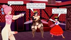 3d big_breasts big_penis black_hair bondage bottomless bottomless_male braided_twintails chubby chubby_female crown fairy_queen femboy freckles gijinka glasses glasses_on_head gun hair_buns handcuffed handcuffs hiderlink20 imposter kirby kirby_(series) kirby_64 koikatsu larger_female light_bondage lingerie pasties penis pink_hair purple_eyes queen_ripple smaller_male thick_thighs