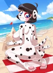 alfa995 ass beach beach_background big_breasts black_hair blue_eyes breasts colette_(alfa995) dog_girl furry happy nipples nude tagme tail wagging_tail