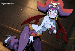 1girl ai_generated anime anime_style barrel belt blue_skin blush breasts capcom colored_skin covering_breasts covering_privates earrings embarrassed hat hentai hi_res high_heels hoop_earrings jewelry kneeling looking_at_viewer medium_breasts mystic_maidens navel pants patreon pirate pirate_hat purple_hair red_eyes risky_boots shantae shantae_and_the_pirate's_curse shoes short_hair skull_and_crossbones solo sweat topless wavy_mouth web_address wings wrist_cuffs
