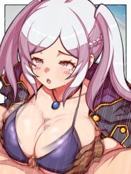 beach bikini bouncing_breasts breasts brown_eyes censored cleavage coat fire_emblem fire_emblem_awakening fire_emblem_heroes gloves jewelry large_breasts long_hair mimizunooka mosaic_censoring motion_blur o-ring paizuri penis purple_bikini robin_(female)_(fire_emblem) sweat swimsuit twintails white_hair