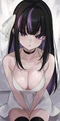 1girls bare_shoulders bare_thighs big_breasts black_hair black_legwear black_thighhighs cleavage collar dress exposed_shoulders exposed_thighs hair_accessory hands_between_legs hands_between_thighs indie_virtual_youtuber leggings legwear light_blush looking_at_viewer neckwear purple_eyes purple_hair rifu_ ririsya sitting slight_blush solo solo_female solo_focus thighhighs thighs two-tone_hair violet_hair virtual_youtuber white_dress