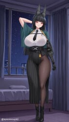 1girl ai_generated animal_ear_fluff animal_ears arm_behind_head arm_up black_bra black_footwear black_hair black_necktie black_pantyhose black_skirt blunt_bangs boots bra bra_visible_through_clothes breasts brown_pantyhose capelet closed_mouth collared_shirt fox_ears full_body high-waist_skirt hime_cut hoshimi_miyabi indoors large_breasts long_hair long_skirt looking_at_viewer mechanical_arms necktie night night_sky pantyhose pleated_skirt red_eyes see-through see-through_shirt shirt side_slit single_mechanical_arm skirt sky smile solo standing twitter_username white_shirt window zenless_zone_zero
