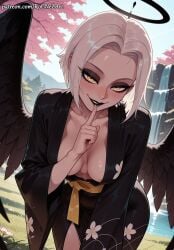 1girl 2026 ai_generated anime black_kimono black_lips black_wings blush boobs breasts cleavage crossover demon_wings eye_contact eyeshadow feathered_wings female female_focus finger_to_mouth flushed halo hazbin_hotel hazbin_hotel_(season_2) highres japanese_clothes kimono leaning_forward looking_at_viewer lute_(hazbin_hotel) makeup medium_breasts nsfw outdoors patreon rognezart sash short_hair shushing smile smiling solo water waterfall white_hair wings yellow_eyes