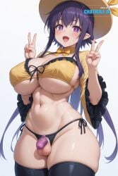 1girl ai_assisted ai_generated anal_sex bent_over black_boots black_hair black_thighhighs blush curvaceous_body curvaceous_hips curvaceous_thighs curvy detailed_face flat_chastity_cage frilled_shirt_collar frilled_sleeves from_below futa_is_smaller futa_penetrated grabbing_hips handcuffed hands_tied hat_ribbon heart_shaped_pupils heart_symbol highres hourglass_body huge_breasts huge_hips large_breasts long_sleeves looking_at_viewer massive_thighs no_skirt open_mouth perfect_body pleasure_face purple_eyes purple_hair seductive_eyes separated_legs sex_from_behind shiny_skin small_balls small_chastity_cage small_penis_futa