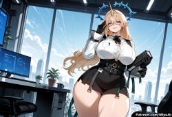 1girl ahoge ai_assisted ai_generated bangs black_gloves blinds blonde_hair breasts curvaceous curvy curvy_female curvy_figure earrings elf female fleurdelys_(wuthering_waves) glasses gloves huge_breasts indoors long_hair looking_at_viewer miniskirt miyuai monitor palm_tree pencil_skirt plant pointy_ears potted_plant shirt skirt solo thick thick_ass thick_butt thick_hips thick_legs thick_thighs thighs tree voluptuous voluptuous_female wide_hips wide_thighs window wuthering_waves