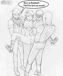 1girls 3boys big_breasts bigdaddy boots bottomless breasts foursome g.i._joe interracial lady_jaye legs_held_open monochrome open_shirt roadblock sailor_cap sex shipwreck_(g.i._joe) snake_eyes_(g.i._joe) suspended_congress