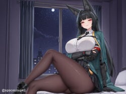 1girl ai_generated animal_ear_fluff animal_ears ankle_boots arm_under_breasts bed black_footwear black_gloves black_hair black_necktie black_pantyhose black_skirt blunt_bangs boots bra bra_visible_through_clothes breasts brown_pantyhose closed_mouth collared_shirt curtains foot_out_of_frame fox_ears full_moon gloves green_jacket high-waist_skirt hoshimi_miyabi indoors jacket jacket_on_shoulders knee_up large_breasts long_hair looking_at_viewer mechanical_arms miniskirt moon necktie night night_sky on_bed pantyhose pillow pleated_skirt red_eyes see-through_shirt shirt shirt_tucked_in single_mechanical_arm sitting skirt sky smile solo star_(sky) starry_sky thighs twitter_username white_shirt window zenless_zone_zero