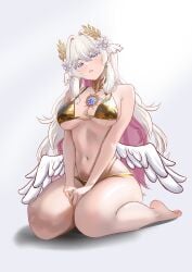 1girls 2d 2d_(artwork) angel angel_wings bikini blue_eyes estebaneishon1 fanart female female_only gold_bikini golden_bikini golden_week hi_res high_resolution highres indie_virtual_youtuber light-skinned_female light_skin long_hair mariefd pink_hair thick_thighs two-tone_hair virtual_youtuber vtuber vtuberfanart white_background white_hair