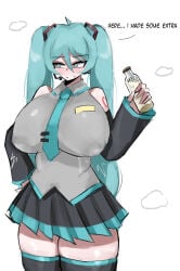 :/ aroused averting_eyes blush bottle doubleuww1 fully_clothed hatsune_miku holding_bottle huge_breasts in_heat lactation lactation_through_clothes looking_away milk milk_bottle nipple_bulge shy steam vocaloid
