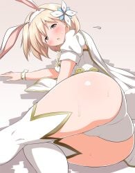 1girls ass ass_focus blonde blonde-haired_female blonde_female blonde_hair breasts breasts_out brown_eyes djeeta_(granblue_fantasy) female female_focus female_only granblue_fantasy leotard rabbit_ears rabbit_tail shinori solo solo_female sweat white_leotard