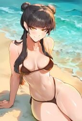 ai_generated aksn arched_back arm_up avatar_the_last_airbender beach brown_eyes brown_hair day hair_ornament hourglass_figure large_breasts long_hair mai_(avatar) narrow_waist nude_female ocean posing posing_for_the_viewer sand sideboob sitting sitting_on_rock smirk sunlight water