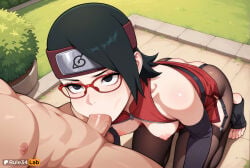 1boy 1boy1girl 1girls :>= ai_generated alley ass bare_shoulders black_eyes black_gloves black_hair blowjob_while_penetrated blush boruto:_naruto_next_generations breasts breasts_out clothed_female_nude_male clothed_sex dress erection fellatio female forehead_protector from_above garter_straps glasses gloves grass headband hetero hi_res kneeling konohagakure_symbol looking_up medium_breasts naruto naruto_(series) nipples open_dress oral outdoors pantyhose penis public_indecency red-framed_eyewear red_dress red_headband rule34lab saliva sarada_uchiha shiny_skin short_hair sleeveless sleeveless_dress small_breasts solo_focus stirrup_legwear testicles toeless_legwear uncensored zipper zipper_pull_tab