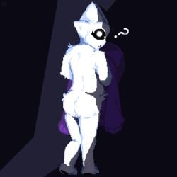 1female 1girls artist_signature back_view black_sclera burnt_pixels chubby chubby_female cub glowing_eyes hoodie oc paws question_mark simple_background walked_in_on watermark white_fur young