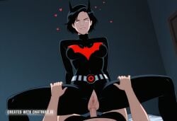 1_girl 1boy ai_assisted ai_generated anal anal_sex angle black_hair breasts clothed clothes dick female_focus from_bottom_to_top glowing_eyes heart horns medium_breasts no_panties no_underwear pussy smile terry_mcginnis top white_eyes