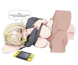1boy 1girl absurdres black_shirt blonde_hair blush breasts censored chano39 cleavage closed_eyes clothes_lift colored_inner_hair commentary_request elegg_(nikke) english_text goddess_of_victory:_nikke hair_intakes handheld_game_console hetero highres korean_commentary large_breasts lying mosaic_censoring multicolored_hair nipples on_side paizuri panties shirt shirt_lift short_sleeves simple_background speech_bubble underwear white_background yellow_panties