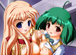 breasts censored clothing cum female green_hair large_breasts macross macross_frontier paizuri ranka_lee sheryl_nome threesome titfuck