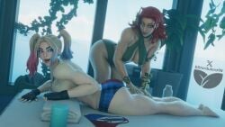 3d ass athletic_female breasts elverdulero98 fit_female fortnite harley_quinn_(fortnite) massage massage_table poison_ivy_(fortnite) yuri