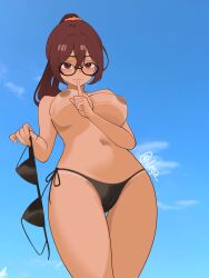 alternate_version big_ass big_butt big_nipples big_thighs big_tits big_titties bikini brown_hair brown_skin clothing commission curvaceous curvaceous_female curvaceous_figure curvy curvy_figure curvy_hips female female_focus female_only glasses ilega mocchi_(darkcuby001) nipples original original_character ponytail short_hair silence_gesture simple_background tan_body tan_skin tanline topless topless_female