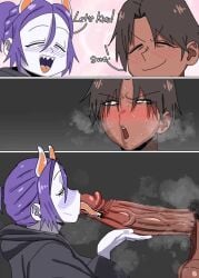 1futa 1girls :>= animated big_balls big_penis blowjob blushing brown_hair dark_skinned_futa hairy_penis hoodie horns large_penis musk_clouds penis pubic_hair purple_hair saggy_balls sharp_teeth short_hair smile tied_hair tomboy_futa tongue_inside urethral_insertion veiny_penis venosdoart white_skin