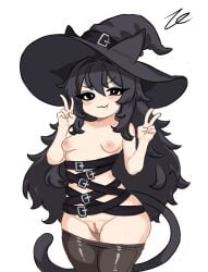 1girl :3 animal_ears belt black_belt black_eyes black_hair black_thighhighs breasts cat_ears cat_girl cat_tail censored_pussy chlomaki closed_mouth completely_nude double_v fang funamusea long_hair navel nude pussy signature simple_background skindentation small_breasts solo solo_female thick_thighs thighs too_many_belts v wadanohara_and_the_great_blue_sea white_background witch witch_hat zerhin