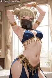 1girl ai_generated armlet arms_up bed bedroom belly_dancer blonde_female blonde_hair boku_no_hero_academia bracelet cleavage dance dancer dancer_outfit dancing harem_outfit himiko_toga hip_sway indoors looking_at_viewer medium_breasts midriff mouth_veil my_hero_academia omega_weirdo patreon seductive seductive_dance seductive_look seductive_smile smile smiling smiling_at_viewer solo solo_female solo_focus toga_himiko veil yellow_eyes