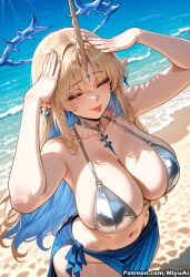 1girl ai_assisted ai_generated bangs beach bikini blonde_hair blue_bikini blush breasts cleavage curvaceous curvy curvy_female curvy_figure day elf eyebrows_visible_through_hair female fleurdelys_(wuthering_waves) huge_breasts jewelry long_hair looking_at_viewer miyuai navel necklace ocean one_eye_closed pointy_ears sarong solo star_(symbol) swimsuit thick thick_ass thick_butt thick_hips thick_legs thick_thighs tongue tongue_out voluptuous voluptuous_female water wide_hips wide_thighs wuthering_waves
