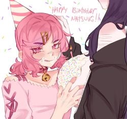 bandage bandage_on_face bell_collar birthday birthday_cake birthday_candle birthday_hat breasts_out character_birthday clothed clothed_female collar color colored confetti doki_doki_literature_club female female/female female_only frosting frosting_on_breasts frosting_on_face funny hairclip height_difference hoodie hoodie_only huge_breasts lesbian licking_lips light-skinned_female light_skin long_hair medium_hair natsuki_(doki_doki_literature_club) open_hoodie partially_clothed partially_clothed_female pink_eyes pink_hair pockiseisont ponytail purple_hair scars self_harm_scars shorter_female simple_background solid_color_background taller_female white_background yuri yuri_(doki_doki_literature_club)