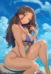 ai_generated aksn arched_back arm_up avatar_the_last_airbender beach bikini blue_eyes brown_hair bubble_butt day hair_ornament hourglass_figure katara large_breasts long_hair narrow_waist nude_female ocean posing posing_for_the_viewer sand sideboob sitting sitting_on_rock smirk sunlight water