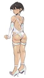1boy 1femboy 2026 ass back back_view black_hair blue_eyes butt digital_media_(artwork) earrings femboy femboy_only heels high_heels leotard lingerie looking_back looking_over_shoulder lyssahh male male_only no_visible_genitalia original original_character revealing_clothes solo solo_femboy solo_male straps white_background